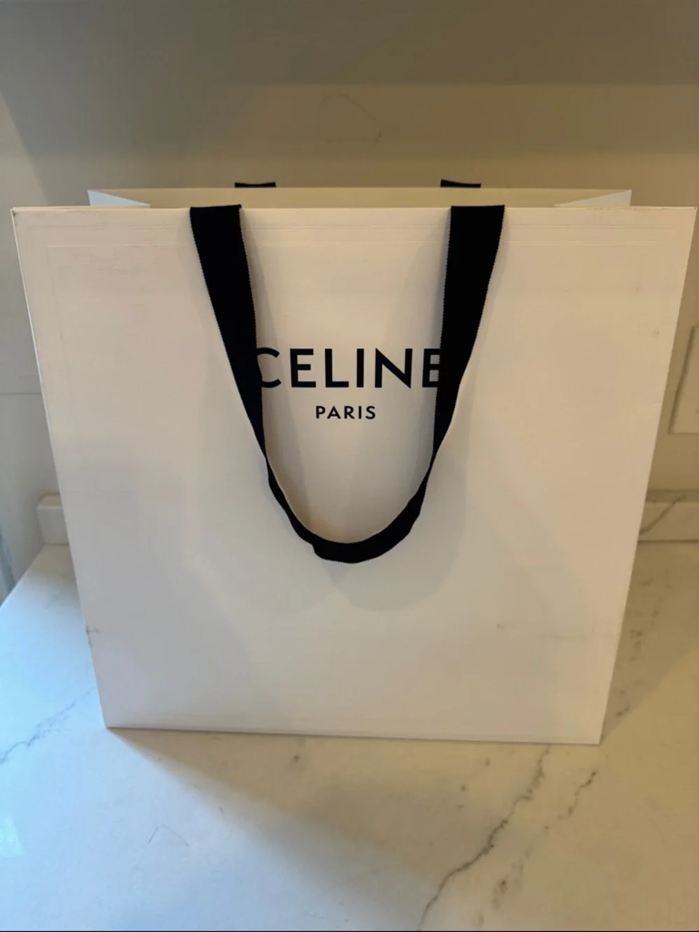 Celine White Shopper Bag with Black Ribbon Handles approx 16x26x7